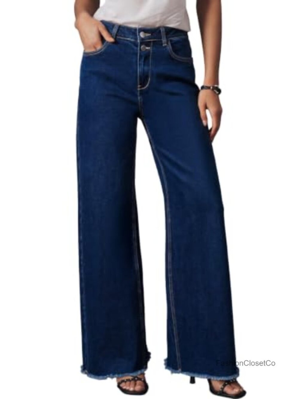 Astylish Wide Leg High Waist Stretchy Denim Jeans Frayed Hem